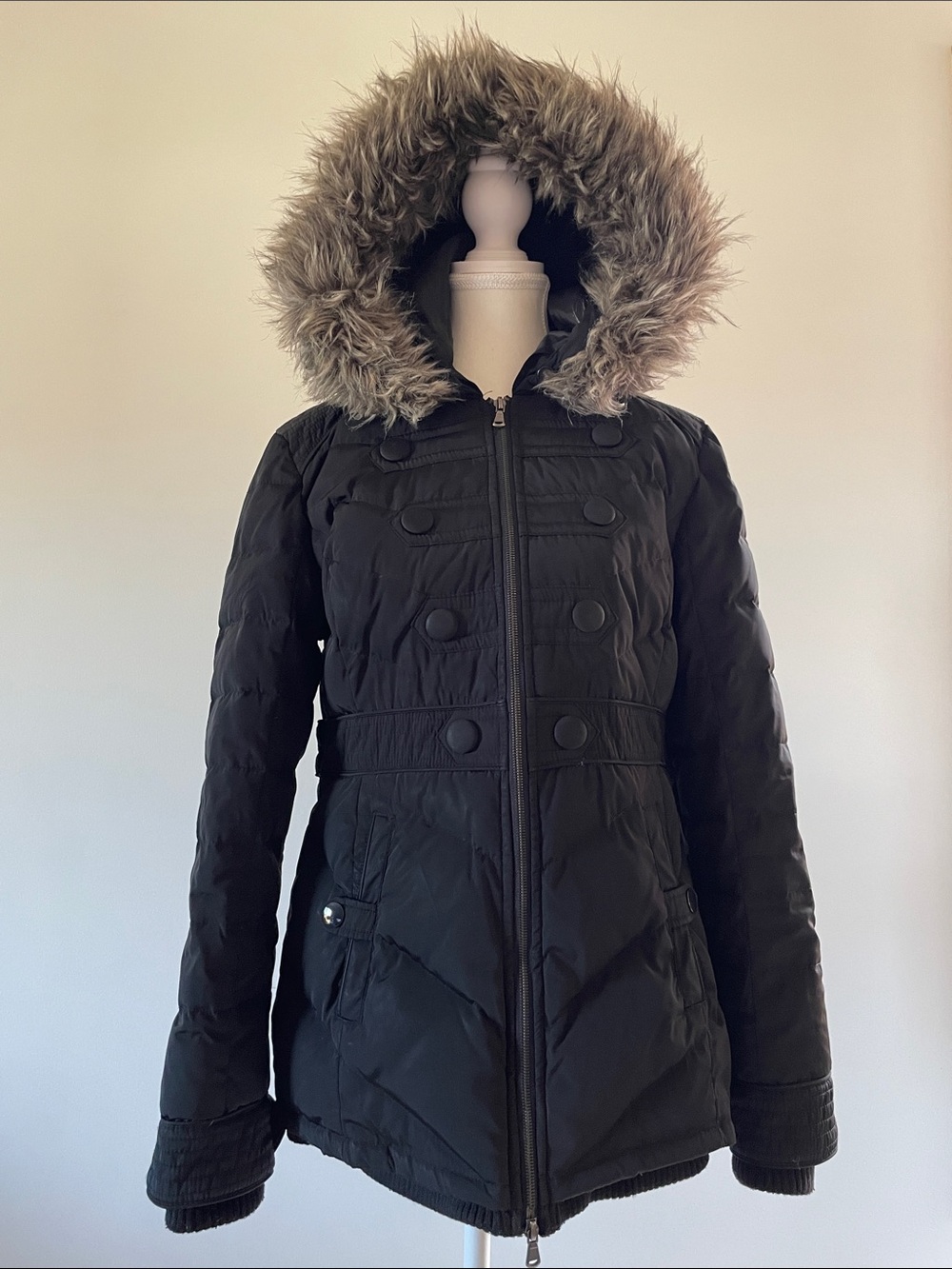 a.n.a. Down Coat Faux Fur Trimmed Hood Black Women’s Small Y2K Winter